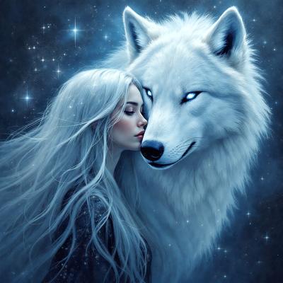 The primary subject of the image is a woman with long white hair, who is leaning her head against a large white wolf. The setting is a night sky, with stars visible in the background. The visual style is a digital art or illustration, creating a surreal and dreamy atmosphere. The colors are predominantly blue and white, with the woman's hair being white and the wolf being white as well.